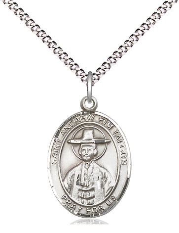 Sterling Silver Saint Andrew Kim Taegon Pendant on a 18 inch Light Rhodium Light Curb chain