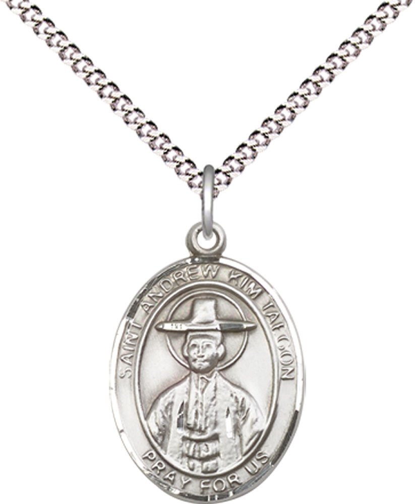 Sterling Silver Saint Andrew Kim Taegon Pendant on a 18 inch Light Rhodium Light Curb chain