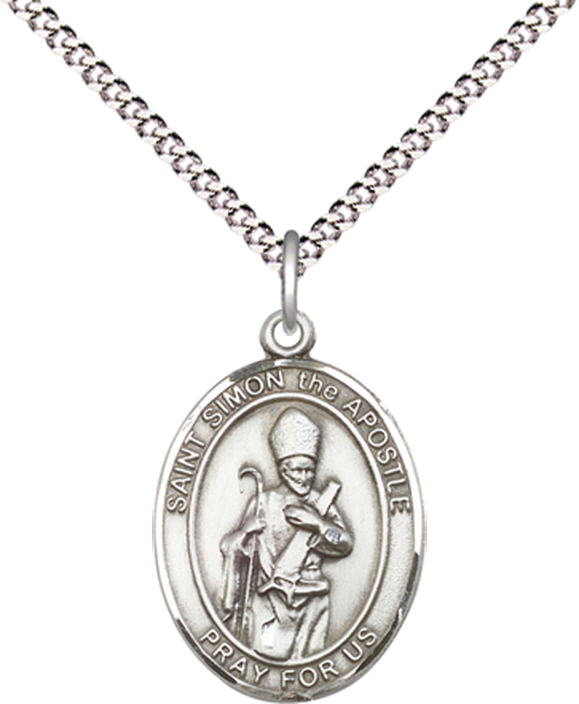 Sterling Silver Saint Simon Pendant on a 18 inch Light Rhodium Light Curb chain