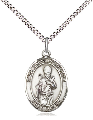 Sterling Silver Saint Simon Pendant on a 18 inch Light Rhodium Light Curb chain