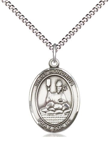 Sterling Silver Saint Honorius Pendant on a 18 inch Light Rhodium Light Curb chain