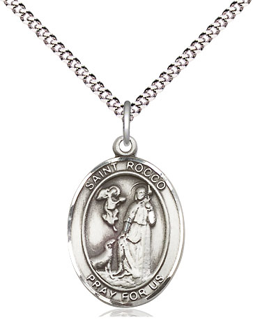 Sterling Silver Saint Rocco Pendant on a 18 inch Light Rhodium Light Curb chain