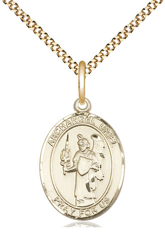 14kt Gold Filled Saint Uriel the Archangel Pendant on a 18 inch Gold Plate Light Curb chain