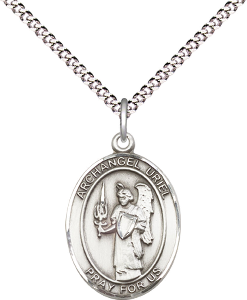 Sterling Silver Saint Uriel the Archangel Pendant on a 18 inch Light Rhodium Light Curb chain