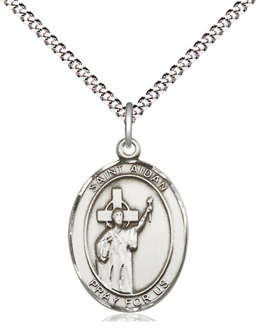 Sterling Silver Saint Aidan of Lindesfarne Pendant on a 18 inch Light Rhodium Light Curb chain