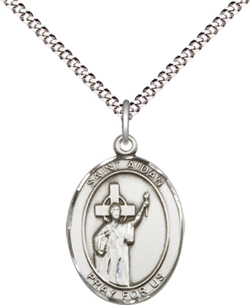 Sterling Silver Saint Aidan of Lindesfarne Pendant on a 18 inch Light Rhodium Light Curb chain