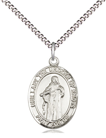 Sterling Silver Our Lady of Knots Pendant on a 18 inch Light Rhodium Light Curb chain