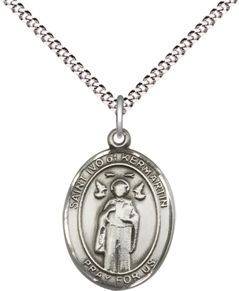Sterling Silver Saint Ivo Pendant on a 18 inch Light Rhodium Light Curb chain