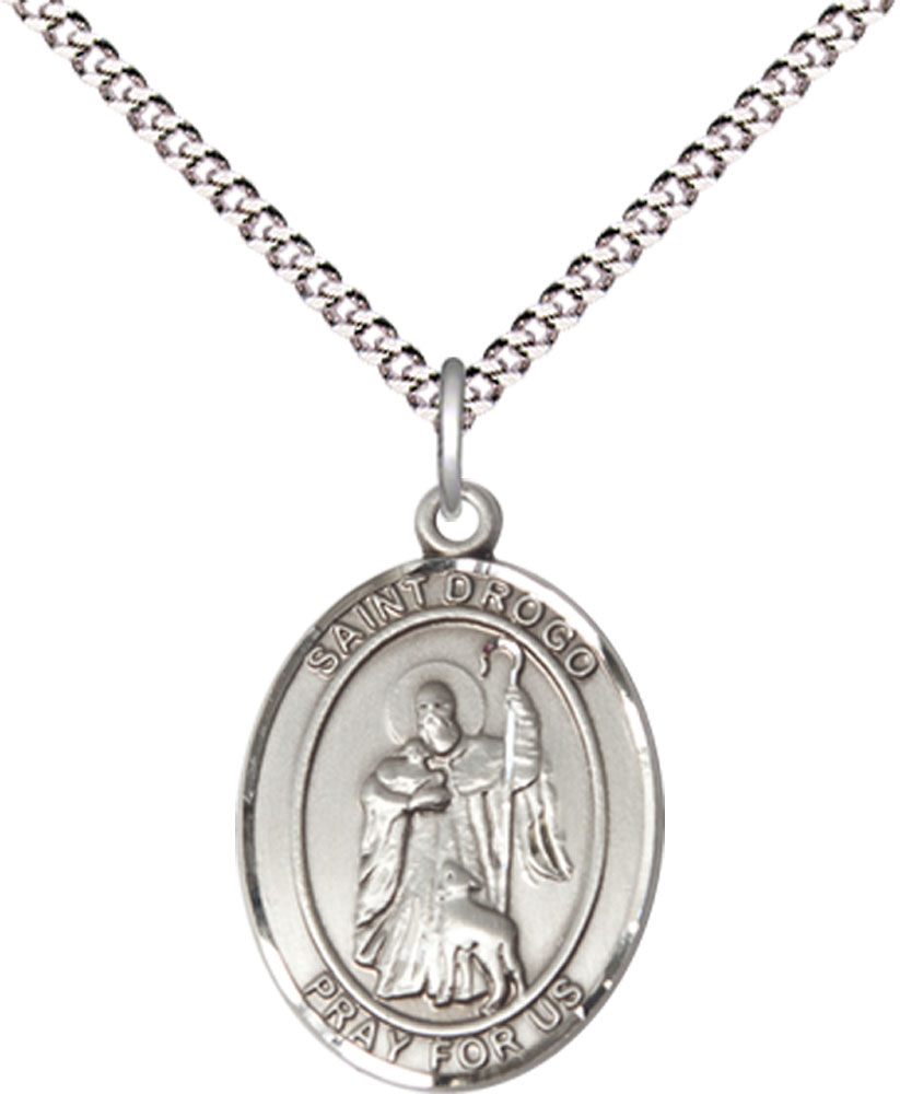 Sterling Silver Saint Drogo Pendant on a 18 inch Light Rhodium Light Curb chain