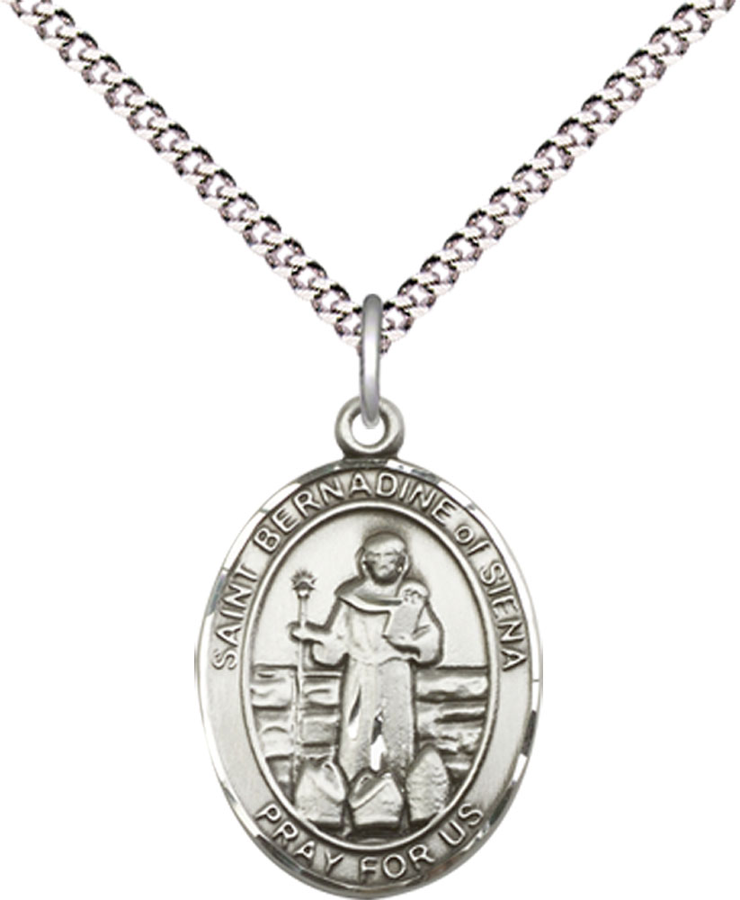 Sterling Silver Saint Bernadine of Sienna Pendant on a 18 inch Light Rhodium Light Curb chain
