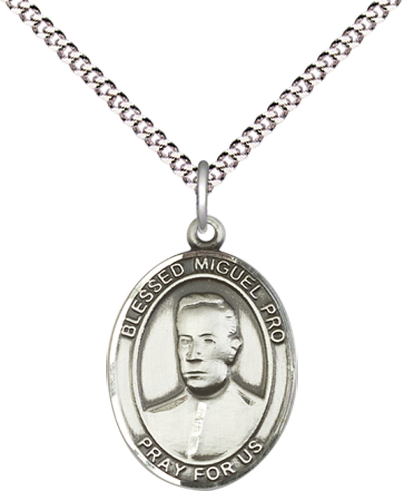 Sterling Silver Blessed Miguel Pro Pendant on a 18 inch Light Rhodium Light Curb chain
