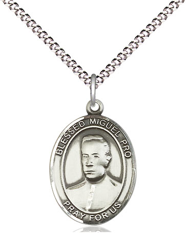 Sterling Silver Blessed Miguel Pro Pendant on a 18 inch Light Rhodium Light Curb chain