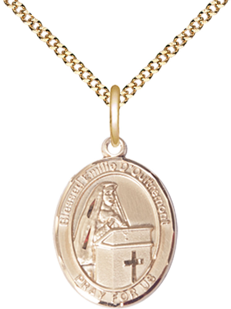 14kt Gold Filled Blessed Emilee Doultremont Pendant on a 18 inch Gold Plate Light Curb chain