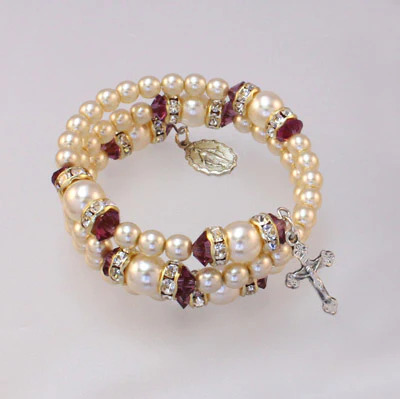 Spiral Rondelle Rosary Bracelet - Amethys/Pearl