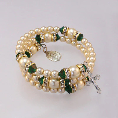 Spiral Rondelle Rosary Bracelet - Emerald/Pearl