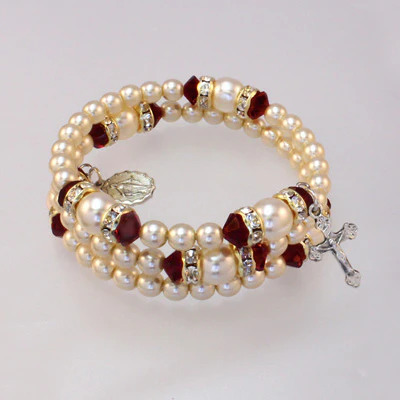 Spiral Rondelle Rosary Bracelet - Garnet/Pearl