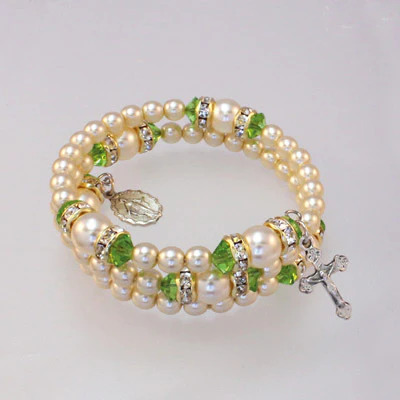 Spiral Rondelle Rosary Bracelet - Peridot/Pearl