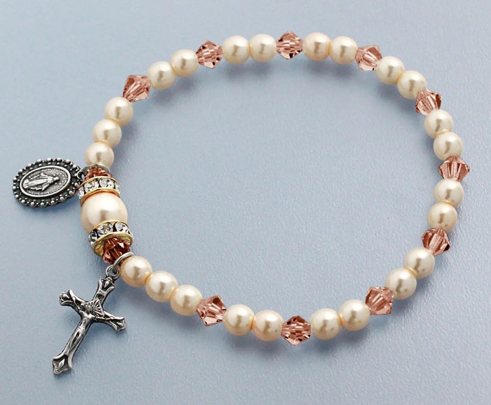 Rosary Bracelet Stretch Rose/Pearl