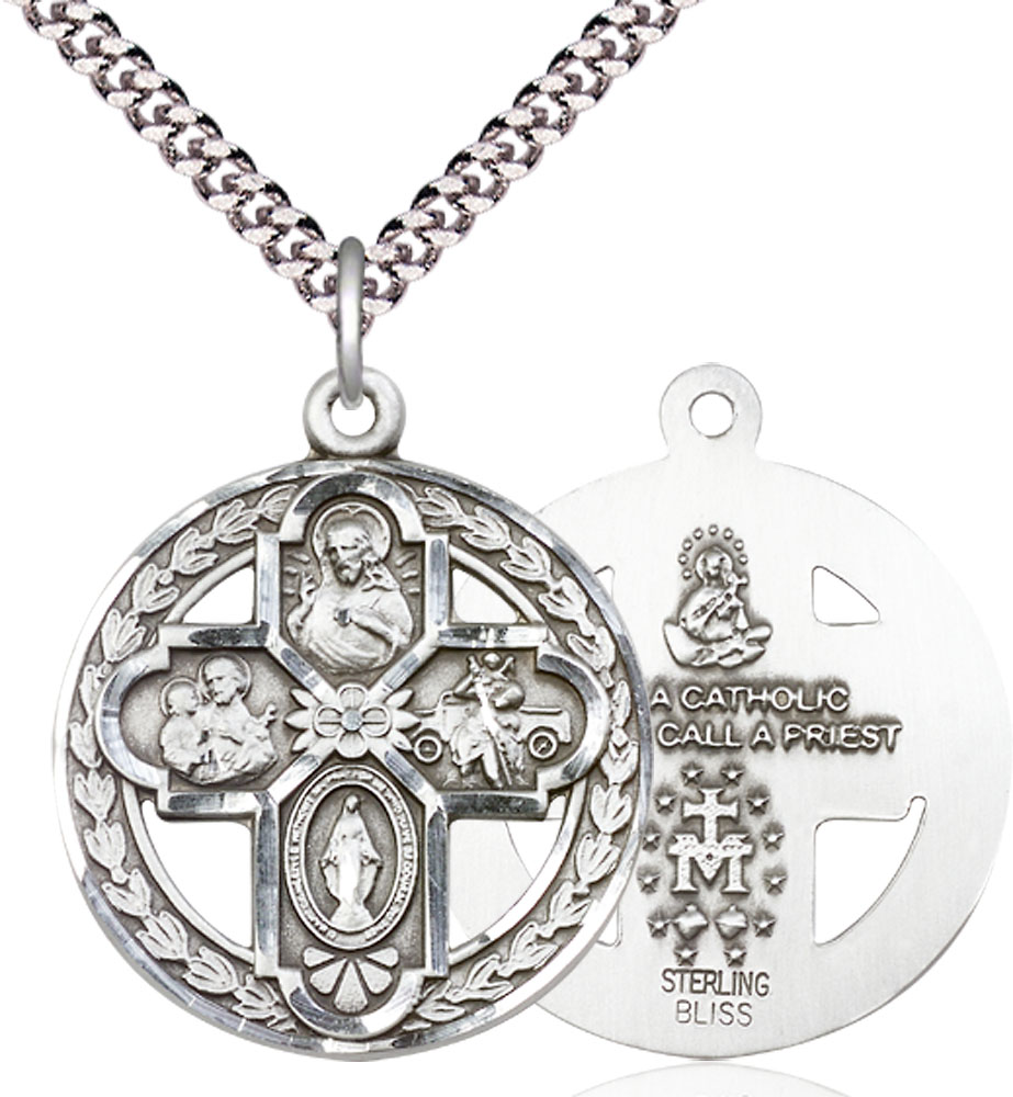 Sterling Silver 4-Way Pendant on a 24 inch Light Rhodium Heavy Curb chain