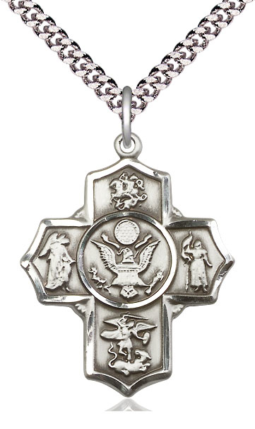 Sterling Silver 5-Way Army Pendant on a 24 inch Light Rhodium Heavy Curb chain