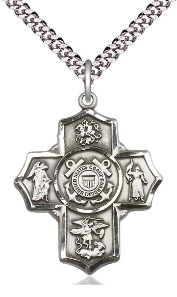 Sterling Silver 5-Way Coast Guard Pendant on a 24 inch Light Rhodium Heavy Curb chain