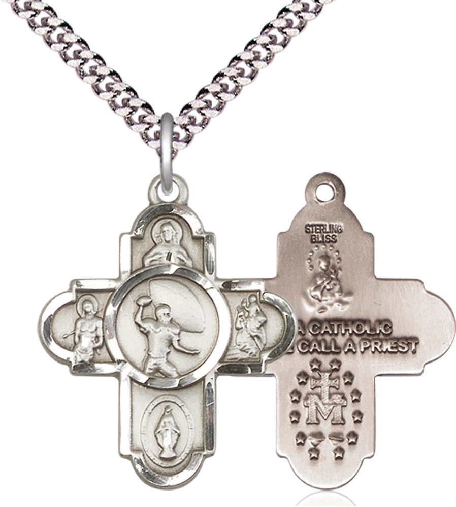 Sterling Silver 5-Way Football Pendant on a 24 inch Light Rhodium Heavy Curb chain