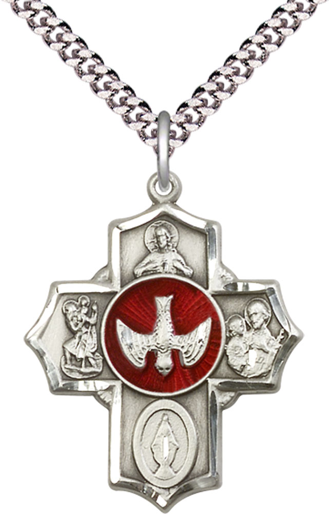 Sterling Silver 5-Way Pendant on a 24 inch Light Rhodium Heavy Curb chain