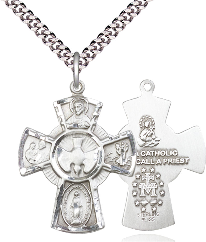 Sterling Silver 5-Way Pendant on a 24 inch Light Rhodium Heavy Curb chain