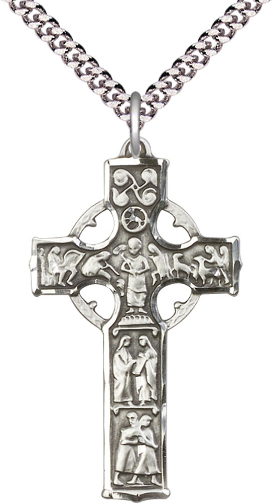 Sterling Silver Celtic Cross Pendant on a 24 inch Light Rhodium Heavy Curb chain