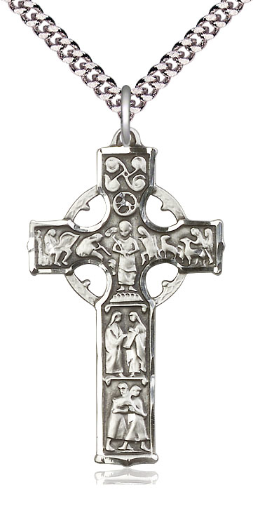 Sterling Silver Celtic Cross Pendant on a 24 inch Light Rhodium Heavy Curb chain