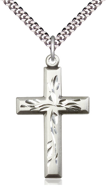 Sterling Silver Cross Pendant on a 24 inch Light Rhodium Heavy Curb chain