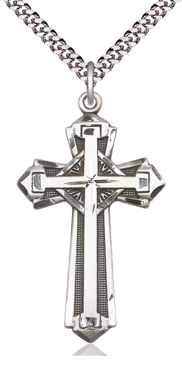 Sterling Silver Cross Pendant on a 24 inch Light Rhodium Heavy Curb chain