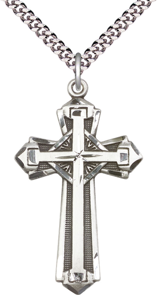 Sterling Silver Cross Pendant on a 24 inch Light Rhodium Heavy Curb chain