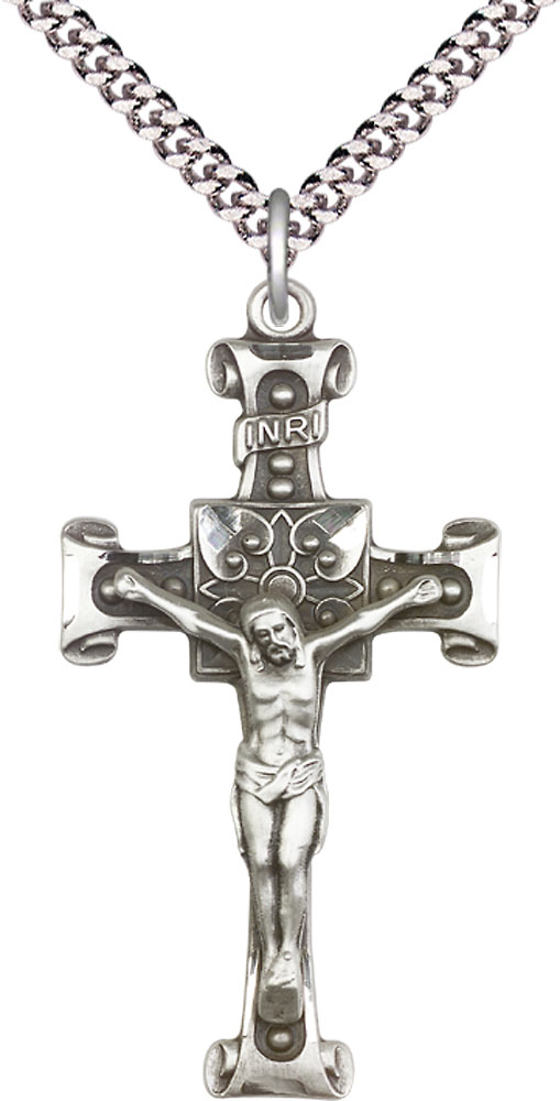 Sterling Silver Crucifix Pendant on a 24 inch Light Rhodium Heavy Curb chain