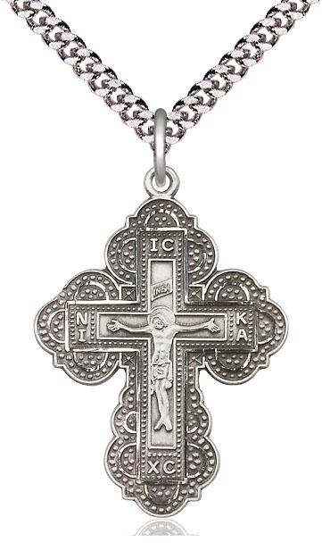 Sterling Silver Irene Cross Pendant on a 24 inch Light Rhodium Heavy Curb chain