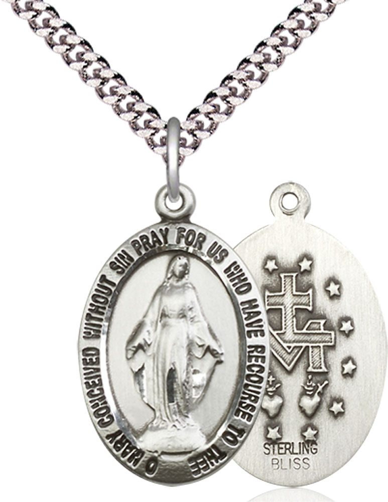 Sterling Silver Miraculous Pendant on a 24 inch Light Rhodium Heavy Curb chain