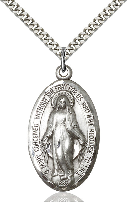 Sterling Silver Miraculous Pendant on a 24 inch Light Rhodium Heavy Curb chain