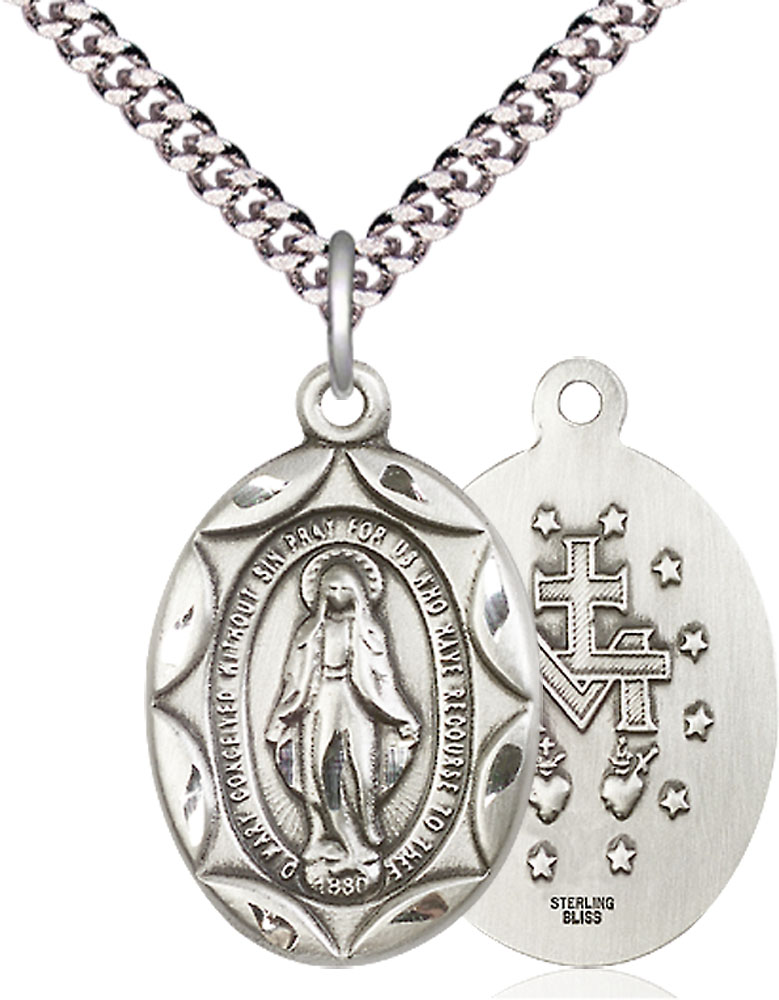 Sterling Silver Miraculous Pendant on a 24 inch Light Rhodium Heavy Curb chain