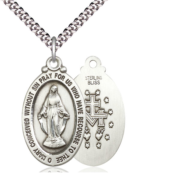 Sterling Silver Miraculous Pendant on a 24 inch Light Rhodium Heavy Curb chain