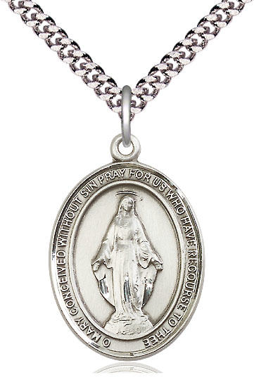 Sterling Silver Miraculous Pendant on a 24 inch Light Rhodium Heavy Curb chain