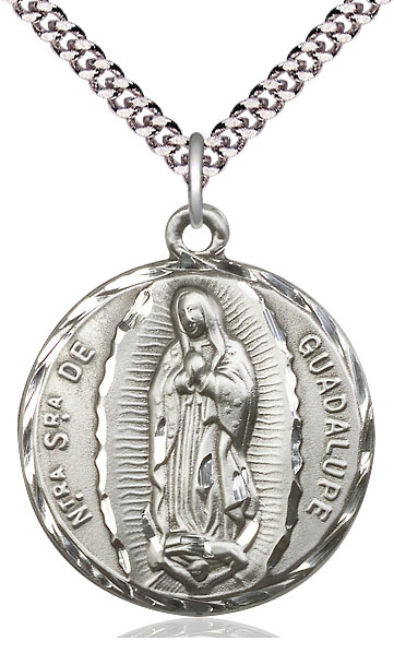 Sterling Silver Our Lady of Guadalupe Pendant on a 24 inch Light Rhodium Heavy Curb chain