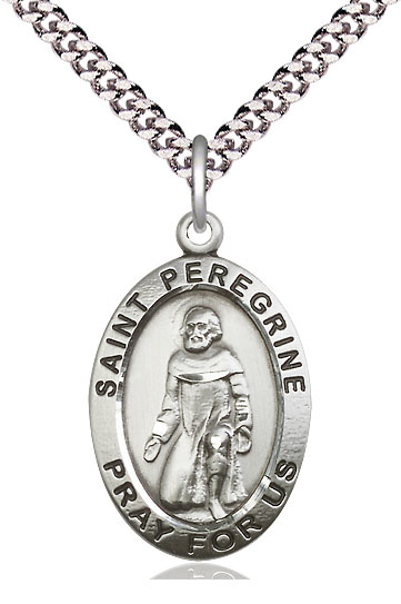 Sterling Silver Saint Peregrine Pendant on a 24 inch Light Rhodium Heavy Curb chain