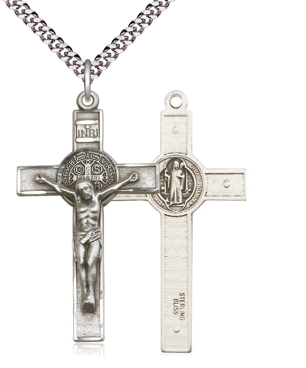 Sterling Silver Saint Benedict Crucifix Pendant on a 24 inch Light Rhodium Heavy Curb chain