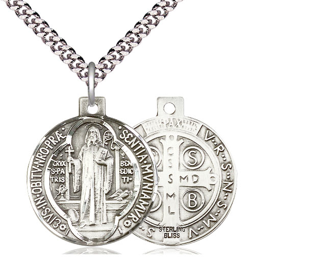 Sterling Silver Saint Benedict Pendant on a 24 inch Light Rhodium Heavy Curb chain