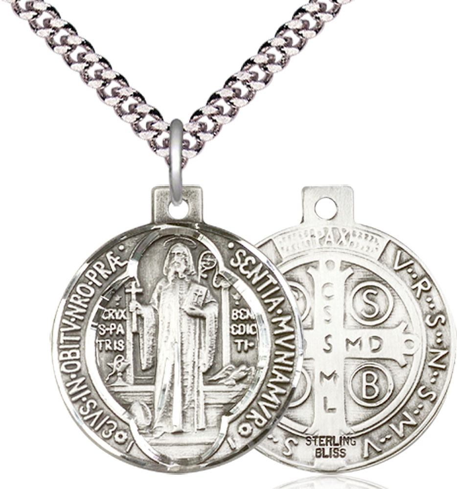 Sterling Silver Saint Benedict Pendant on a 24 inch Light Rhodium Heavy Curb chain
