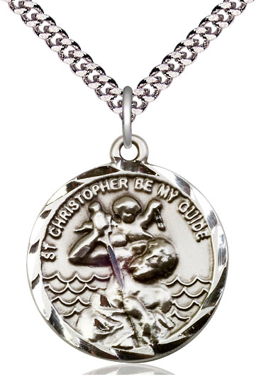 Sterling Silver Saint Christopher Pendant on a 24 inch Light Rhodium Heavy Curb chain