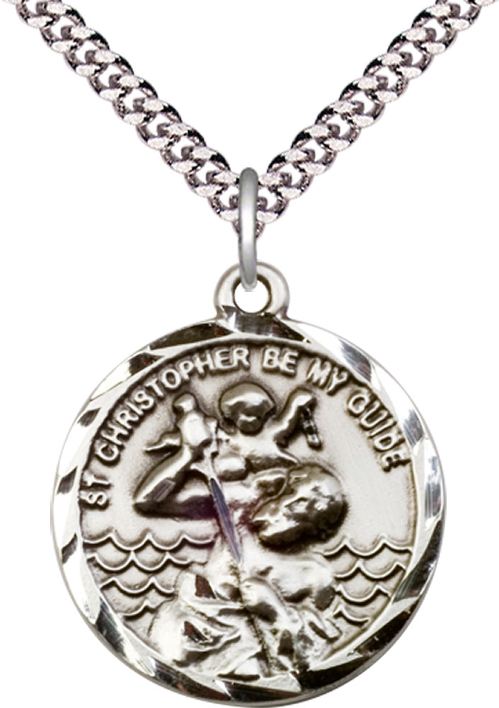 Sterling Silver Saint Christopher Pendant on a 24 inch Light Rhodium Heavy Curb chain