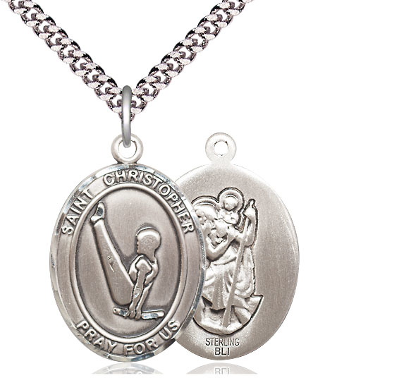 Sterling Silver Saint Christopher Gymnastics Pendant on a 24 inch Light Rhodium Heavy Curb chain