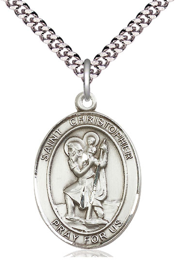 Sterling Silver Saint Christopher Pendant on a 24 inch Light Rhodium Heavy Curb chain