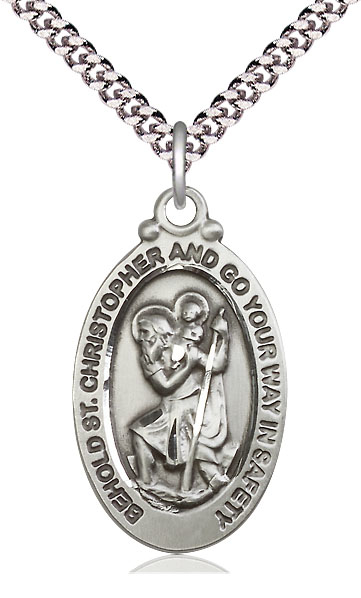 Sterling Silver Saint Christopher Pendant on a 24 inch Light Rhodium Heavy Curb chain